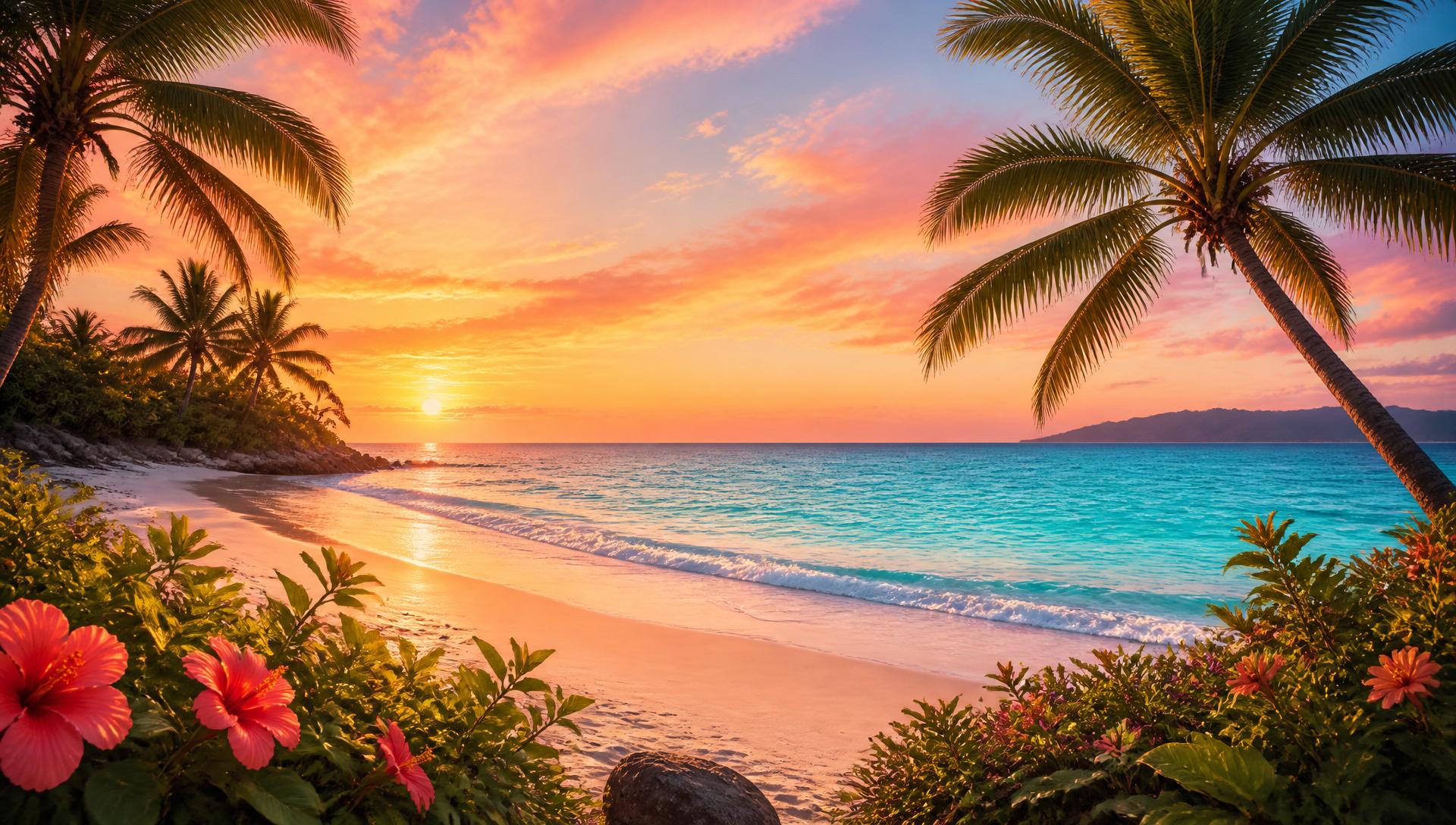Tropical beach at sunset with palm trees, turquoise ocean, and hibiscus flowers