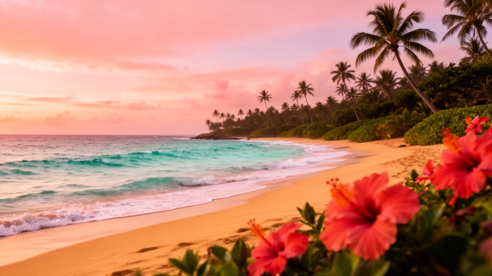 Hawaiian beach at golden hour with hibiscus flowers